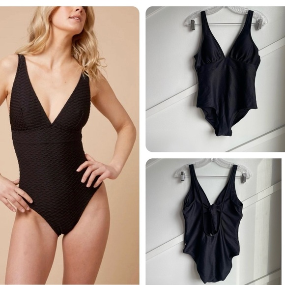 La Vie en Rose Plunge Textured V-neckline Black One Piece Swim  Size M - Picture 1 of 9